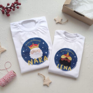 CAMISETA PERSONALIZADA REYES MAGOS MELCHOR Y BALTASAR DOBLADAS JUNTO A CAJA