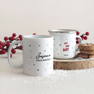 TAZA PERSONALIZADA HO HO HO EN CERÁMICA Y METAL VISTA FRONTAL Y TRASERA